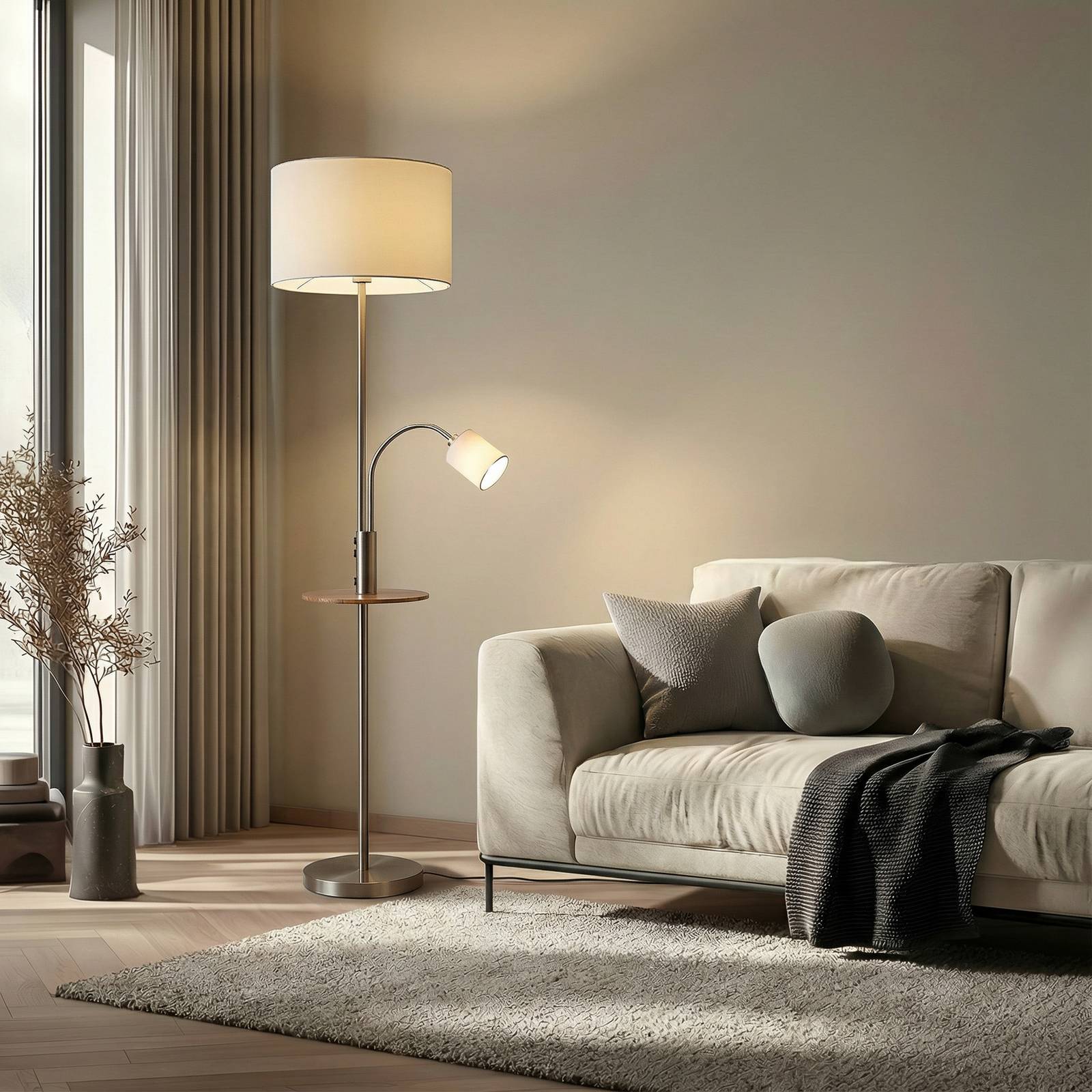 Lindby Stehlampe Aovan, nickelfarben, Ablage, USB-Anschluss günstig online kaufen