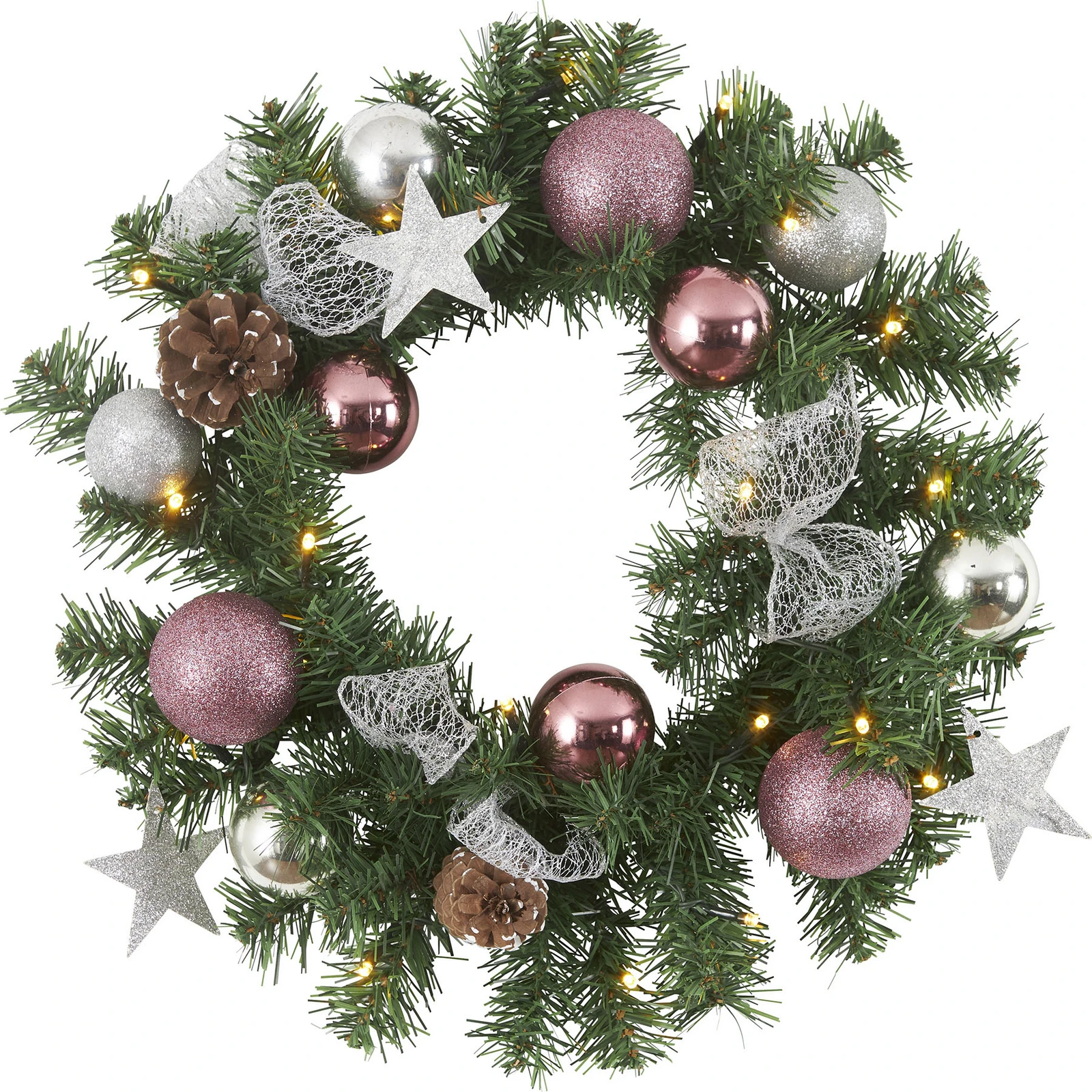Στεφάνι ελάτης Noel LED με διακόσμηση σε ασημί/ροζ χρώμα