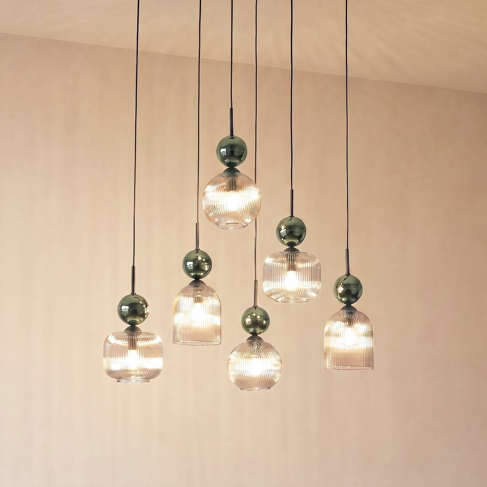 Levně TK Lighting Závěsné světlo Sophia, 6 žárovek, koňaková/zelená, délka 65 cm, E14