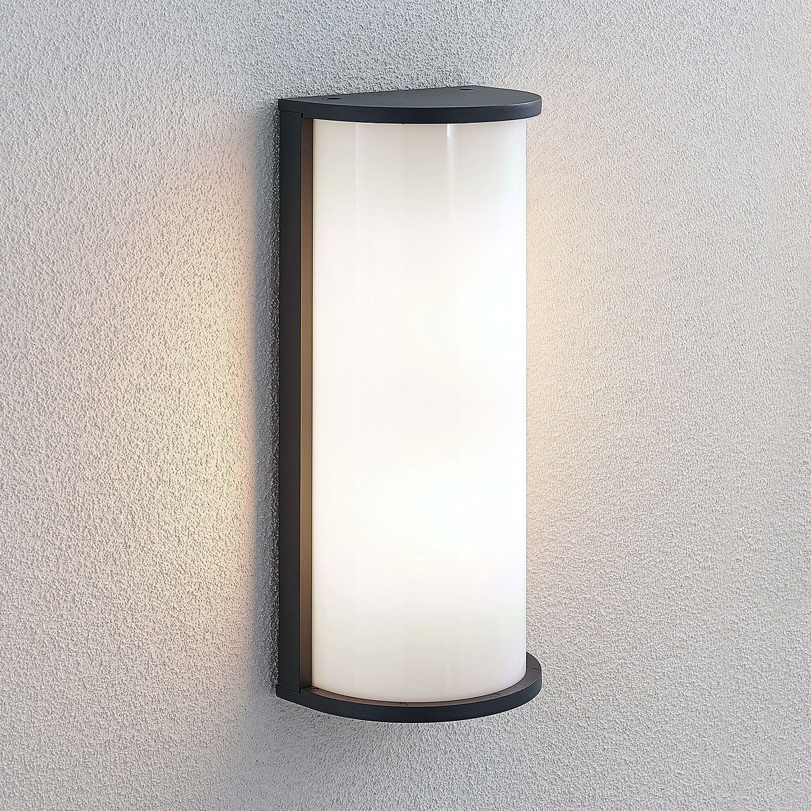Lindby Timothea outdoor wall light, semicircular, glass, die-cast aluminium, E27, 23 W, energy efficiency: A++, W: 16.6 cm, H: 38.5 cm