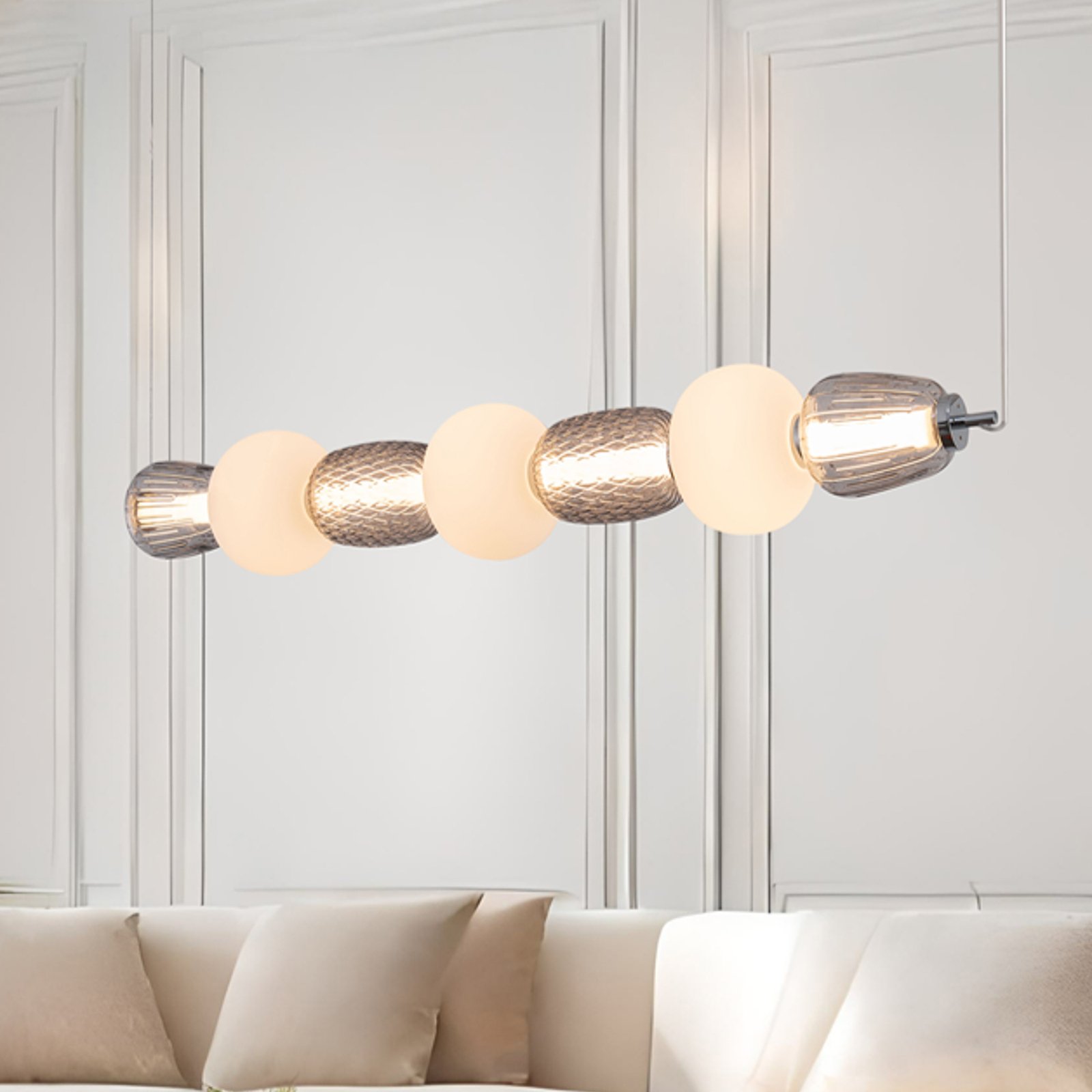 Viseća lampa Caro LED, sivo-prozirno/opalno staklo, dužina 110 cm