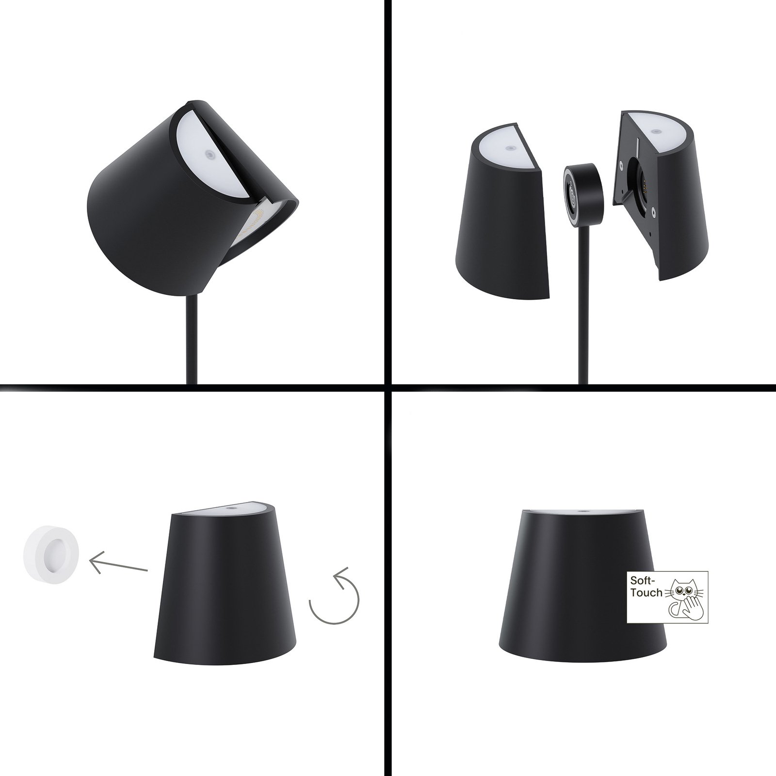 Nuindie tango Candeeiro de mesa LED recarregável, preto, IP20, regulável