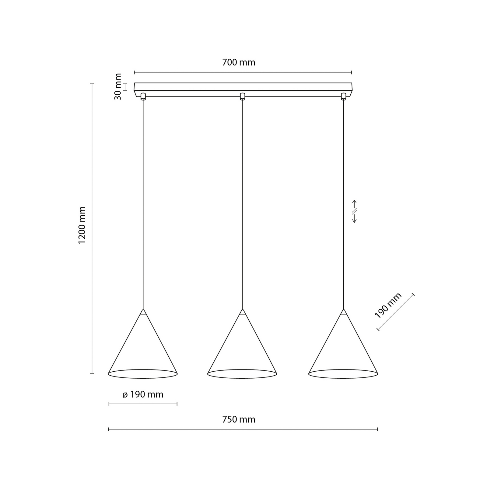 Závěsné světlo Cono, 3 žárovky, černé, E27