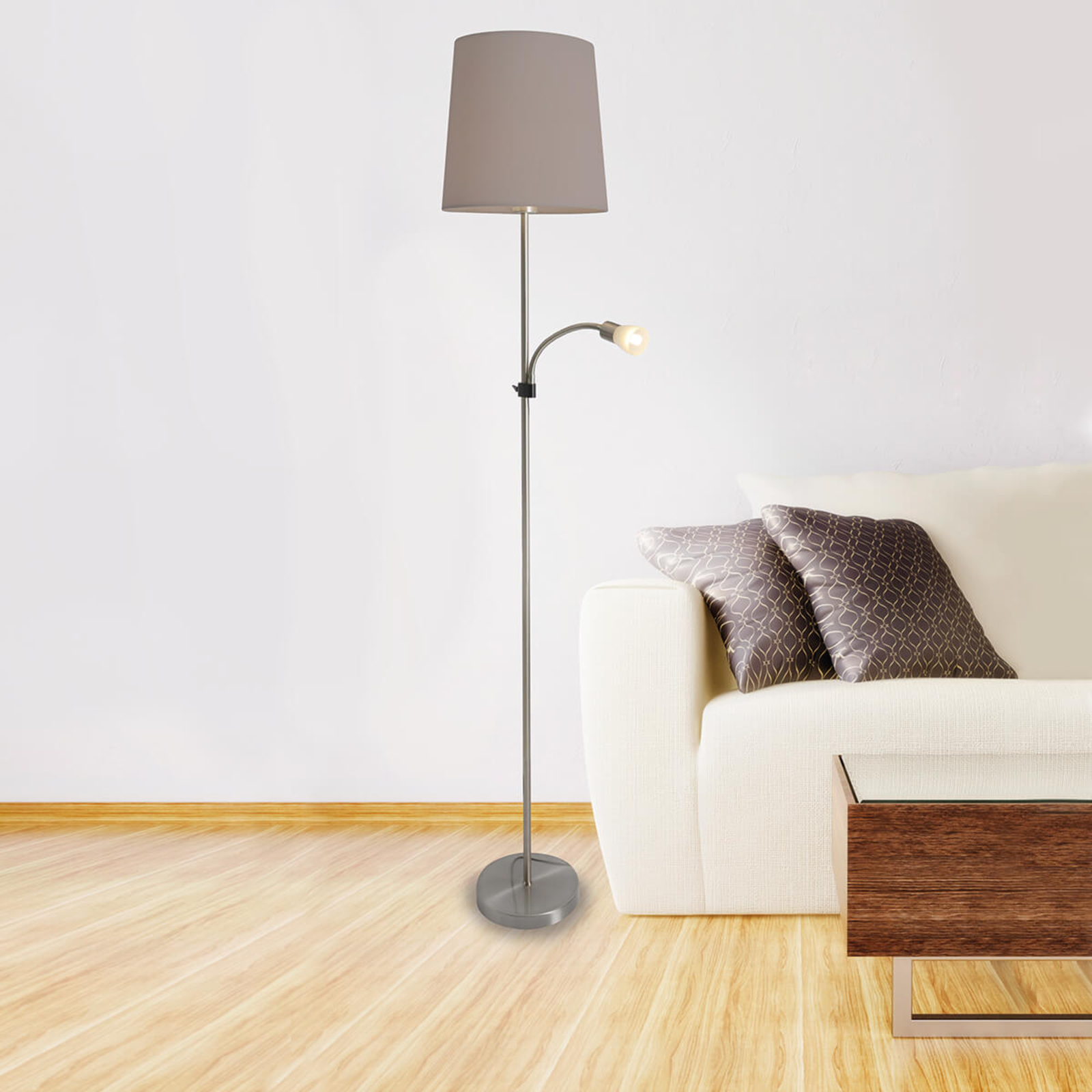 Lampă de podea textilă Lara cu lampă de citire LED