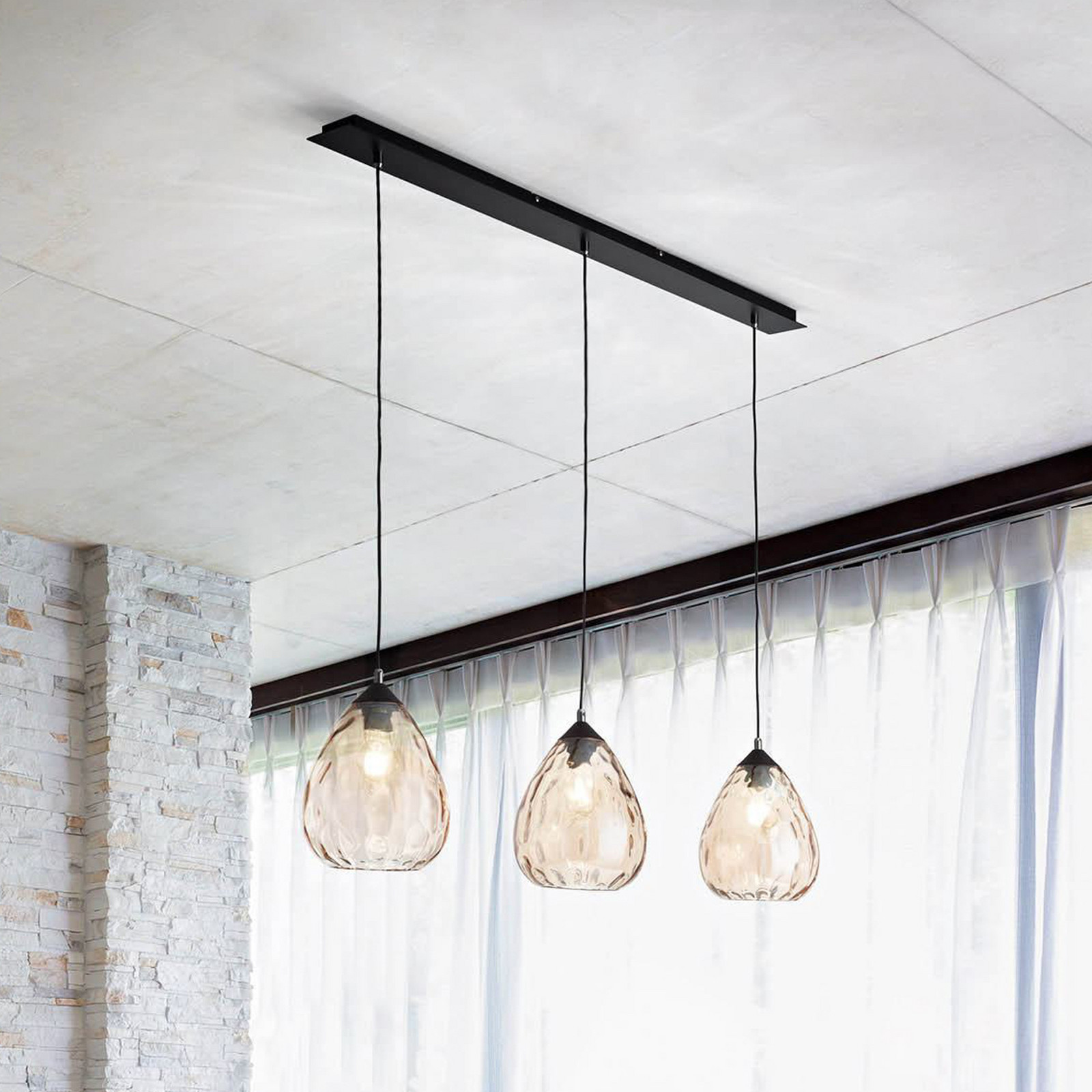 Fabas Luce Suspensie Gisella chihlimbar 3 lumini sticlă - Camera de zi / sufragerie - Vintage - chihlimbar negru