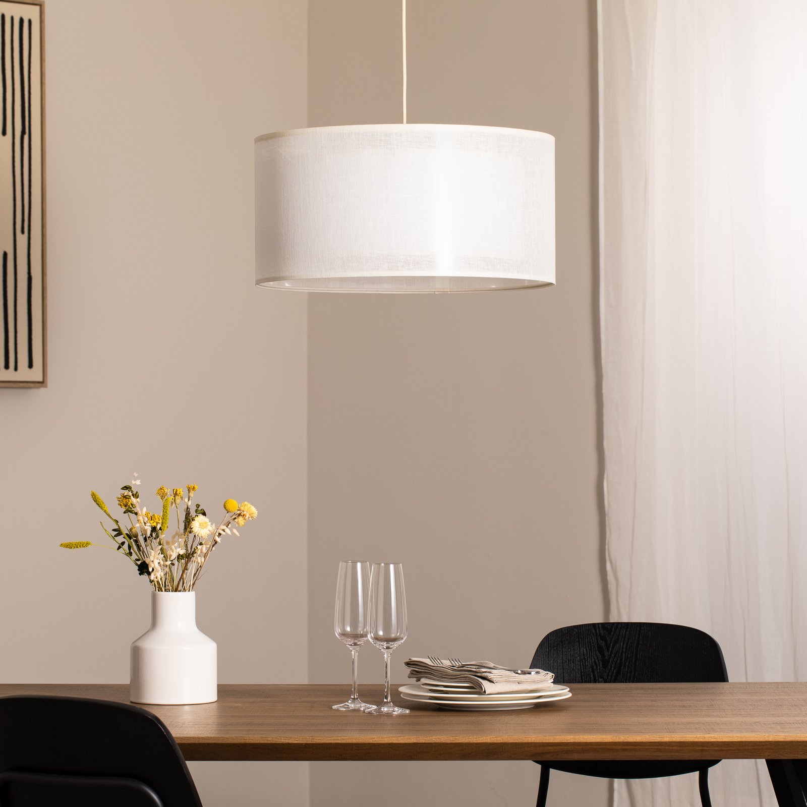Duo Den Light rippvalgusti, kreem, Ø 50 cm, lina, PVC