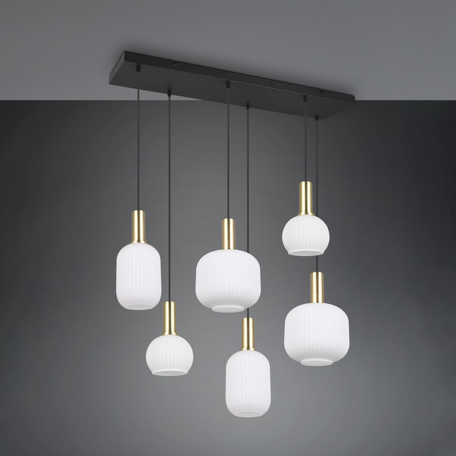 Suspension Diva, 6 lampes, laiton, opale, métal, verre