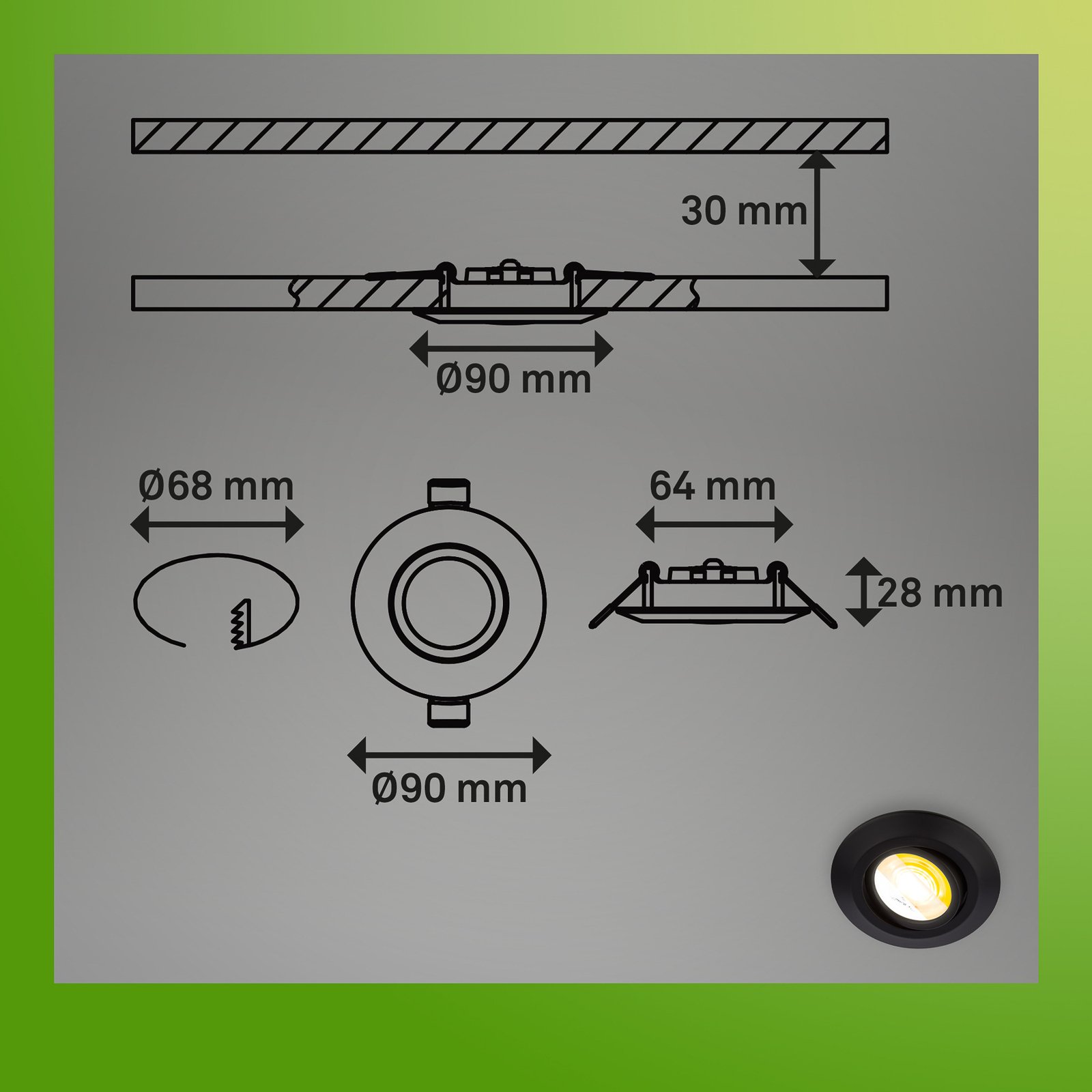 "Klira" įleidžiama LED lemputė, juoda, Ø 9 cm, pasukama, 3 vienetai