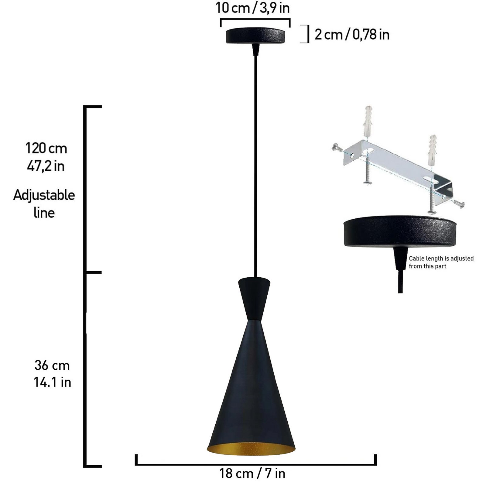Glenora pendant light, black, Ø 18 cm, metal, E27