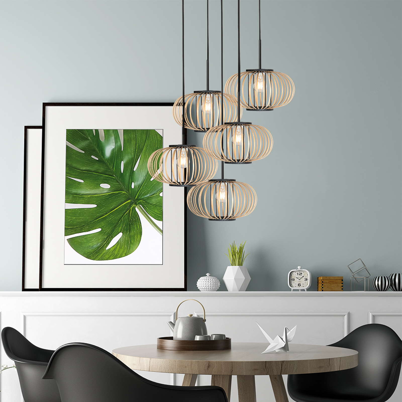 Suspension Silva, à 5 lampes, ronde, noire, tiges en bambou