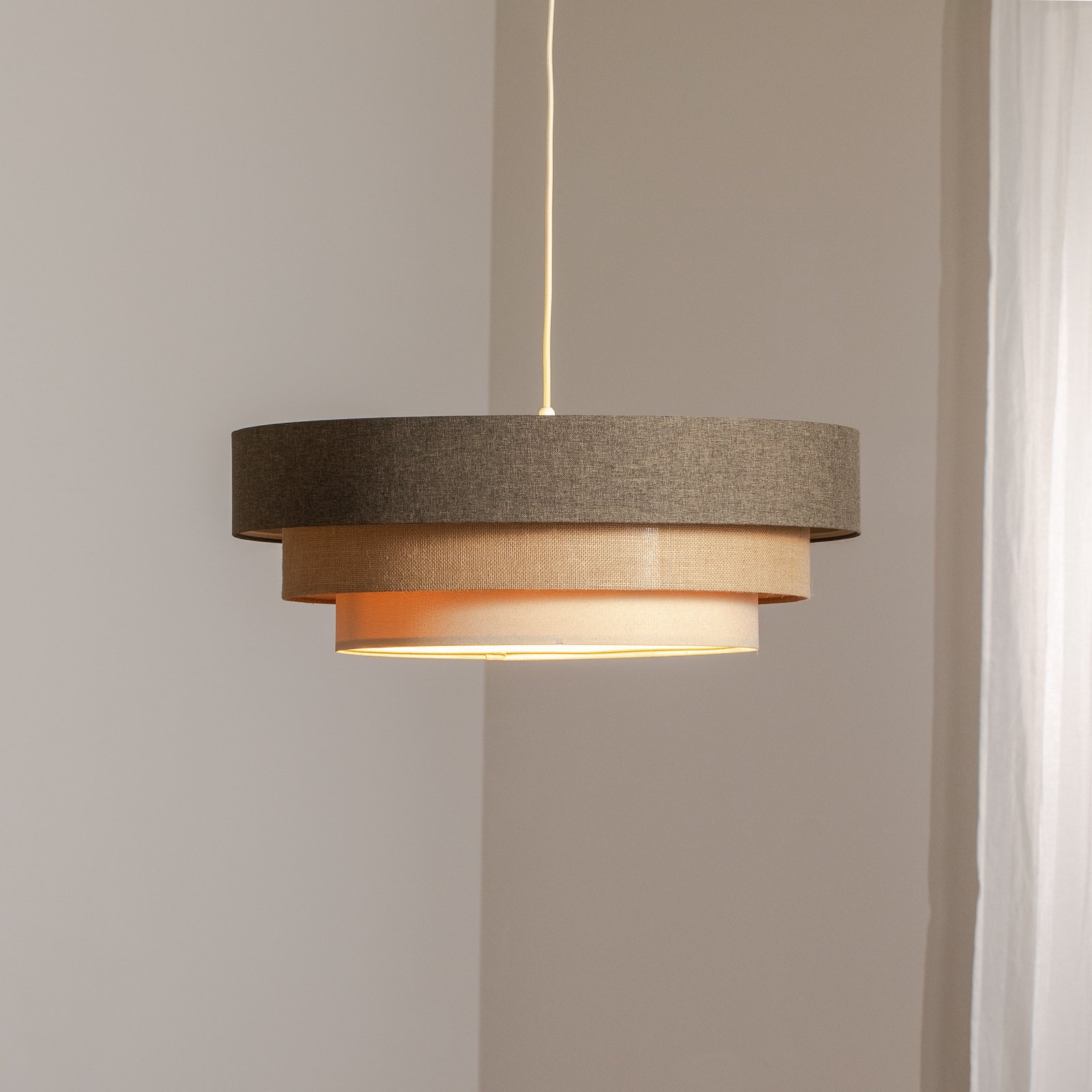 Lampada a sospensione Triniti, marrone/beige/crema, Ø 60 cm, tessuto