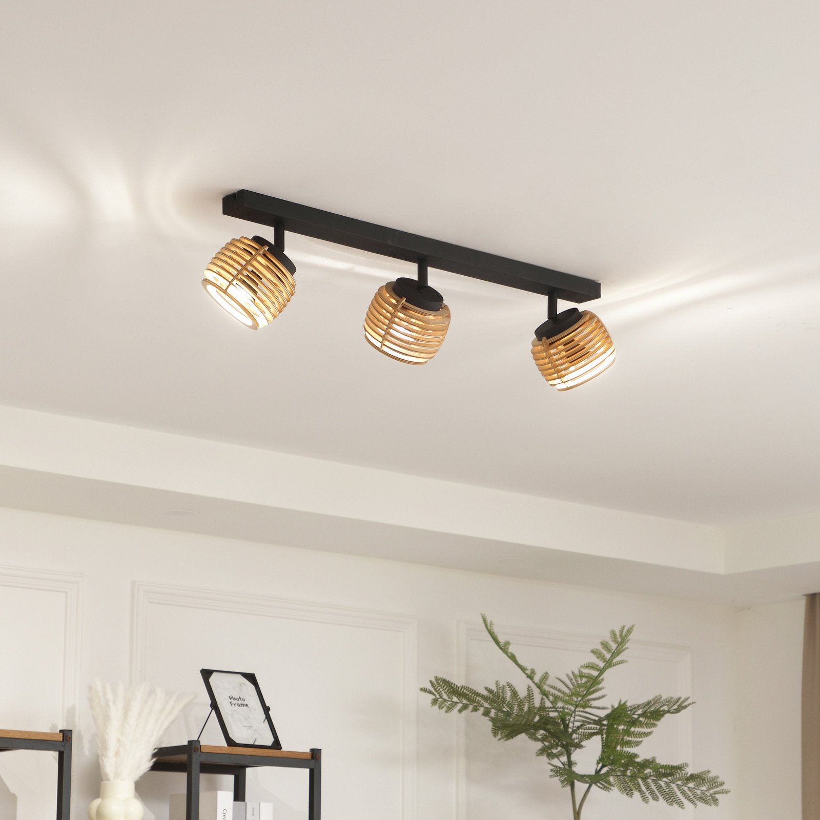 Plafonieră Lindby Ediz 3 lumini GU10 lemn lungime 73 cm - Hol - modern - negru lemn deschis - Metal