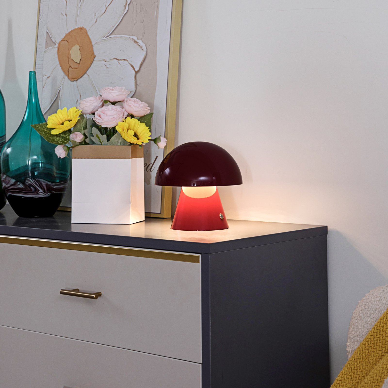 Lindby Lampe de table LED rechargeable Nevijo, rouge, fer, USB, variateur