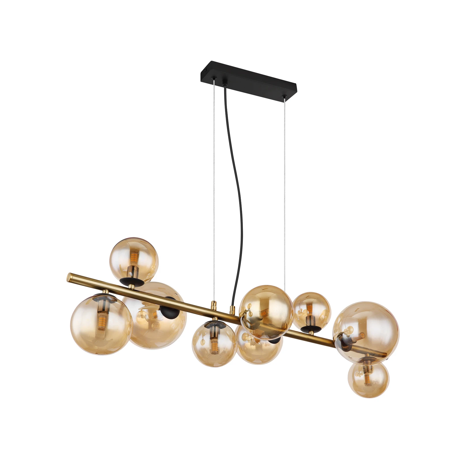 Lámpara colgante Riha, longitud 86 cm, color latón, ámbar, 9 luces.