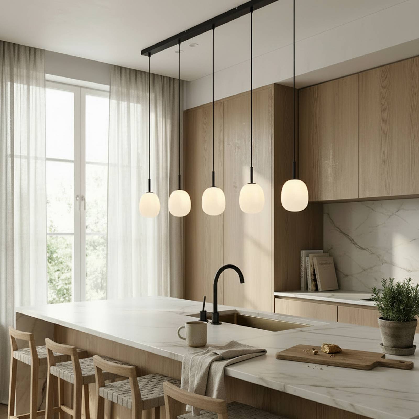Lindby Etiena hanglamp, 5-lamps, glas opaal