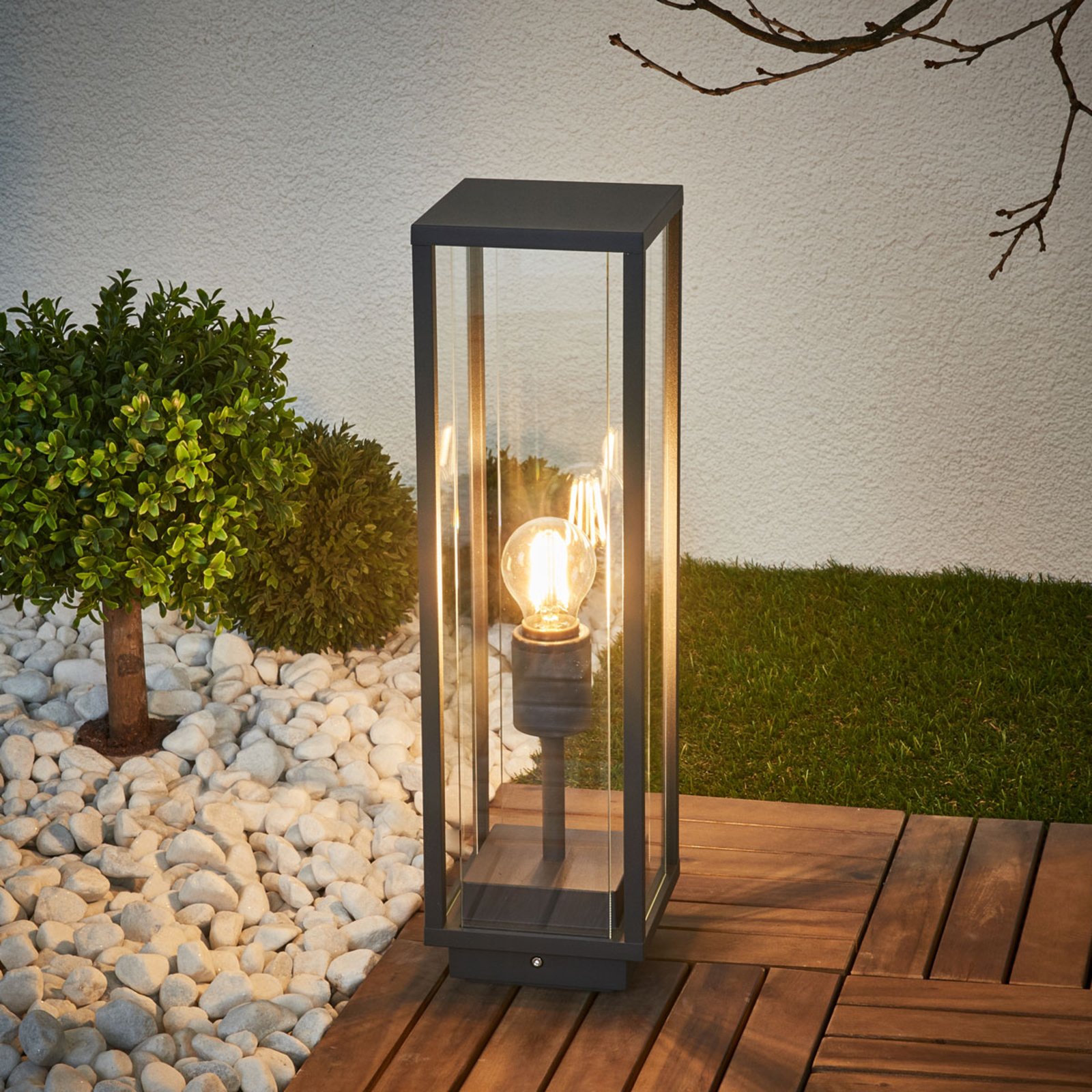 Lucande Glazed pillar lamp Annalea, graphite grey, aluminium, glass, E27, 15 W, energy efficiency: A++, L: 14 cm, W: 14 cm, H: 50 cm