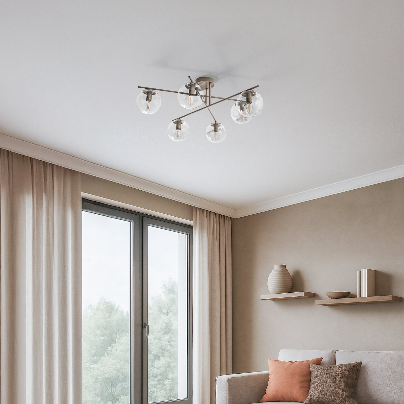 Griestu lampa Zoe, smilškrāsā, garums 72 cm, 6 spuldzes, stikls, E14