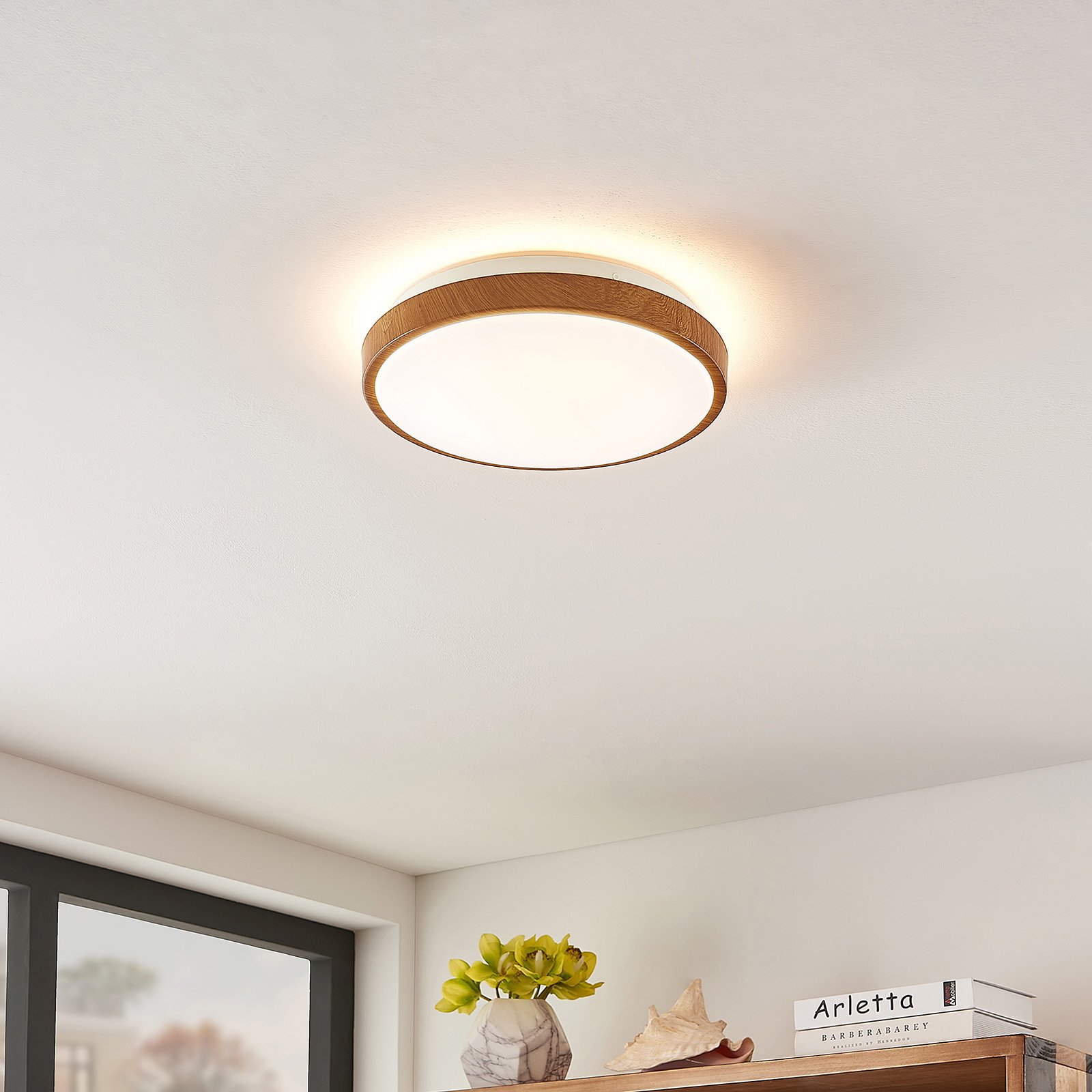 Lindby Mendosa plafonnier LED, aspect bois, rond