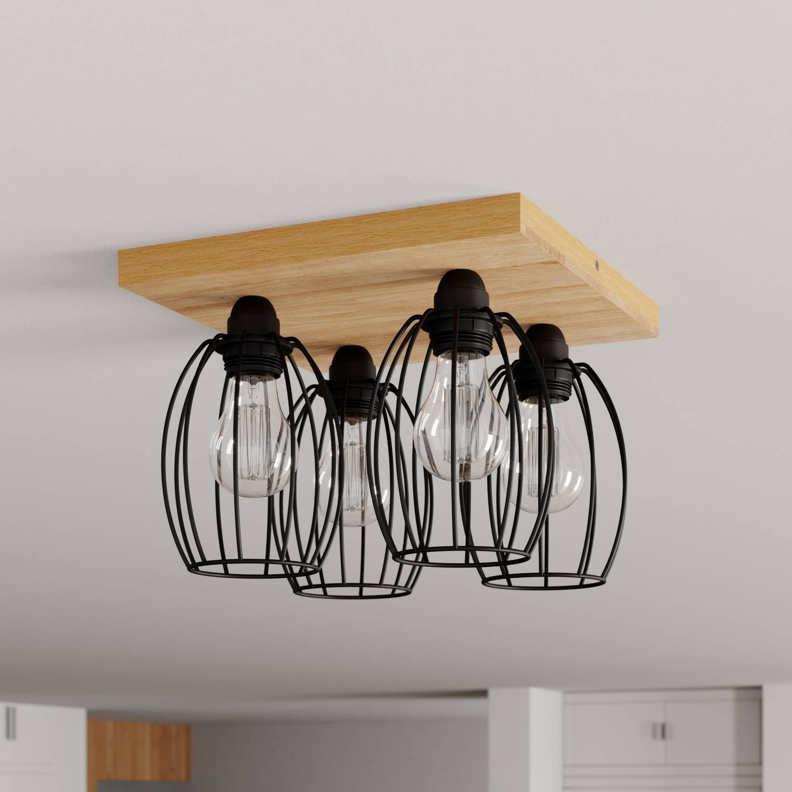 Lampa sufitowa Beevly, drewno i metal, 4-punktowa