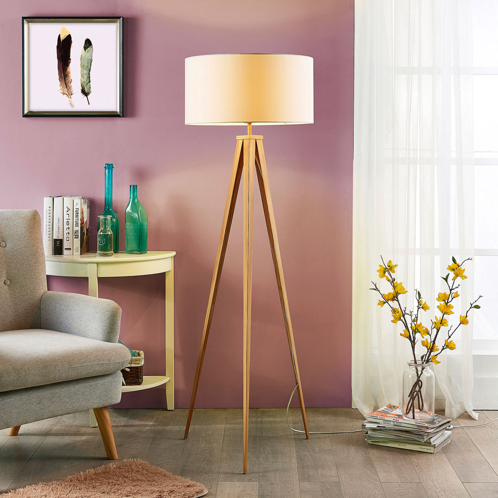 Lindby Benik - floor lamp with wood-coloured tripod frame, for Living / Dining Room, fabric, metal, E27, 60 W, energy efficiency: A++, H: 153 cm