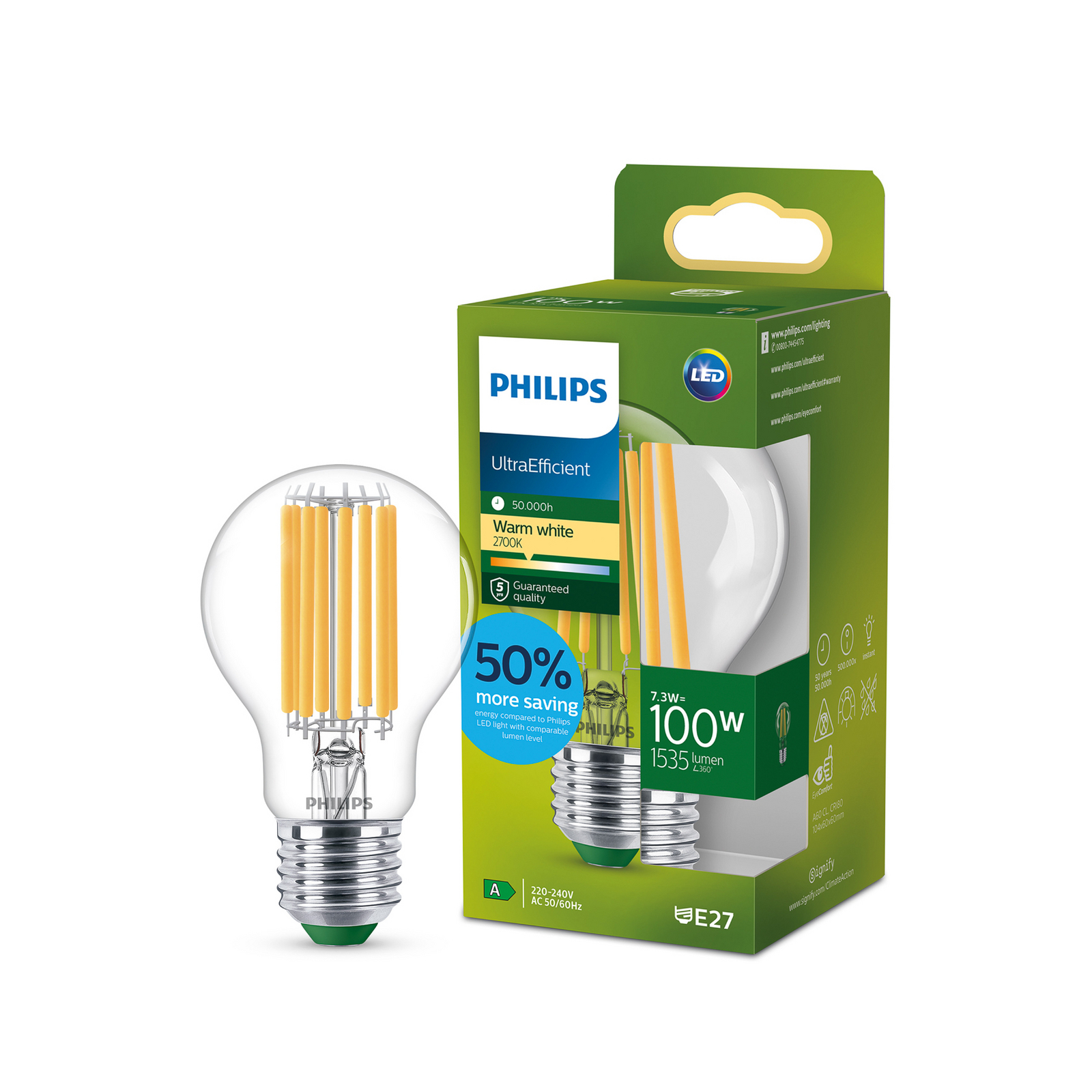 Philips E27 LED bulb A60 7.3W 1535lm 2,700K clear