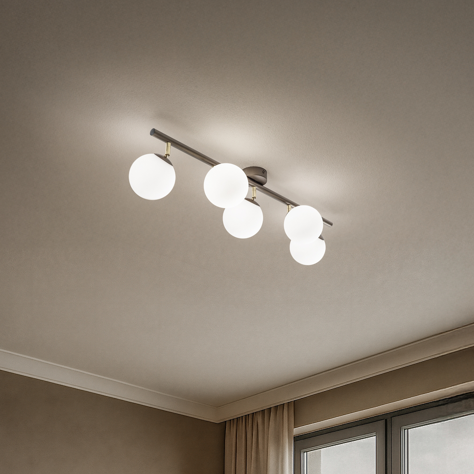 Loftslampe Drum, kaffe, glas, længde 80 cm, 5 lyskilder, G9