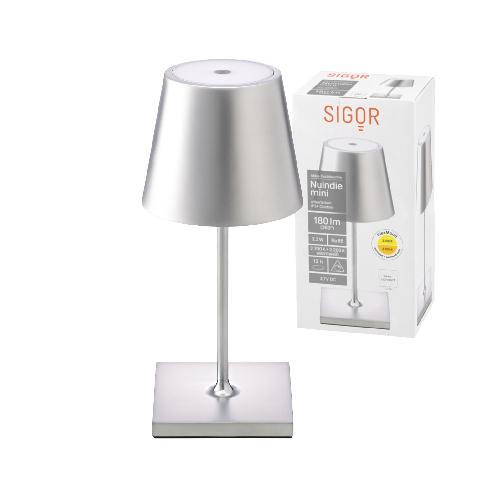 LED stolní lampa Nuindie aku mini 25cm stříbrná