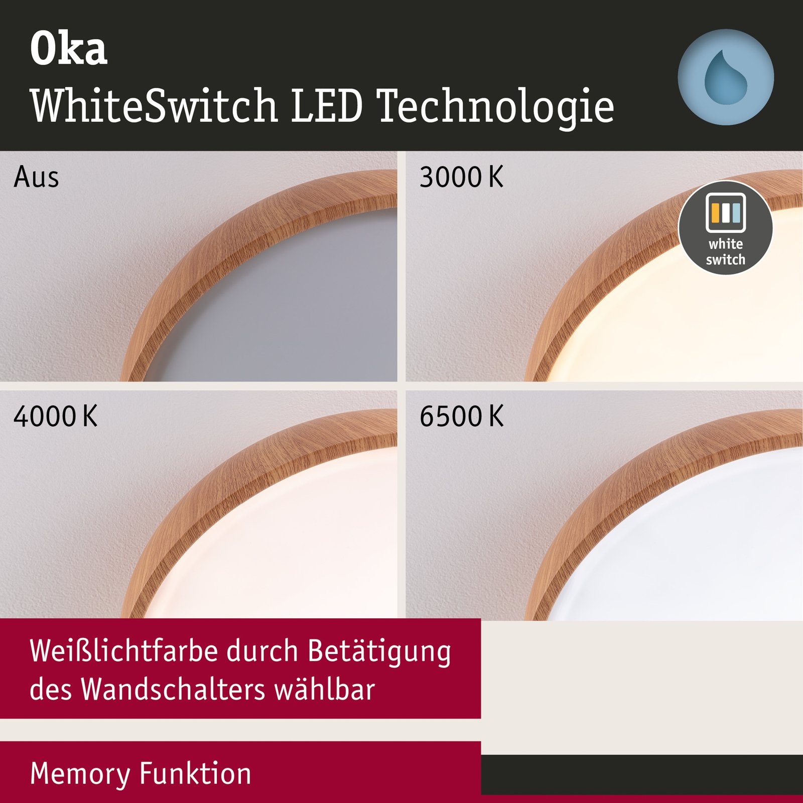 Oka LED Taklampe IP44 Hvit/Træ - Paulmann