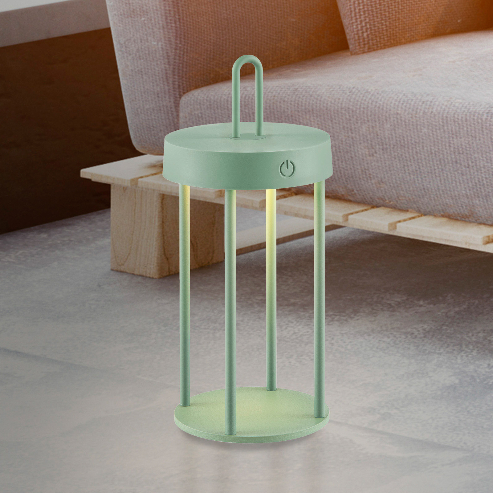 JUST LIGHT. Lampe de table LED rechargeable Anselm, vert, 28 cm, fer