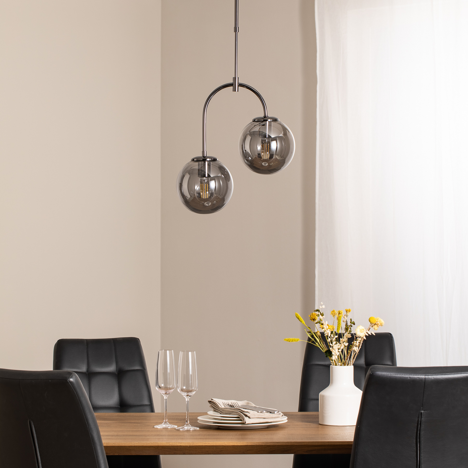 Portemo pendant light, smoky grey/nickel, Ø 37 cm, 2-bulb glass