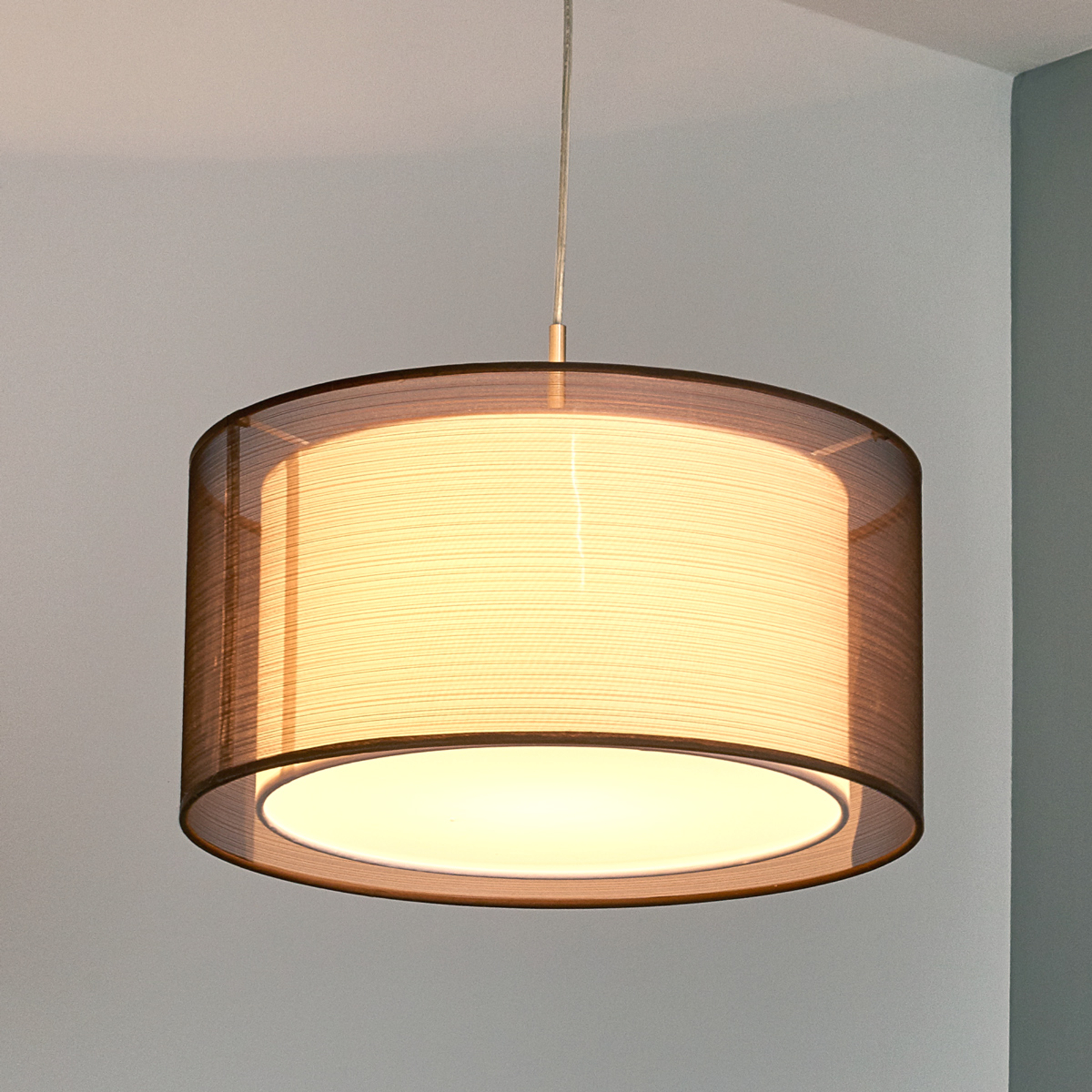 Lindby Nica fabric hanging light in brown, for Living / Dining Room, fabric, plastic, metal, E27, 60 W, energy efficiency: A++, H: 20 cm