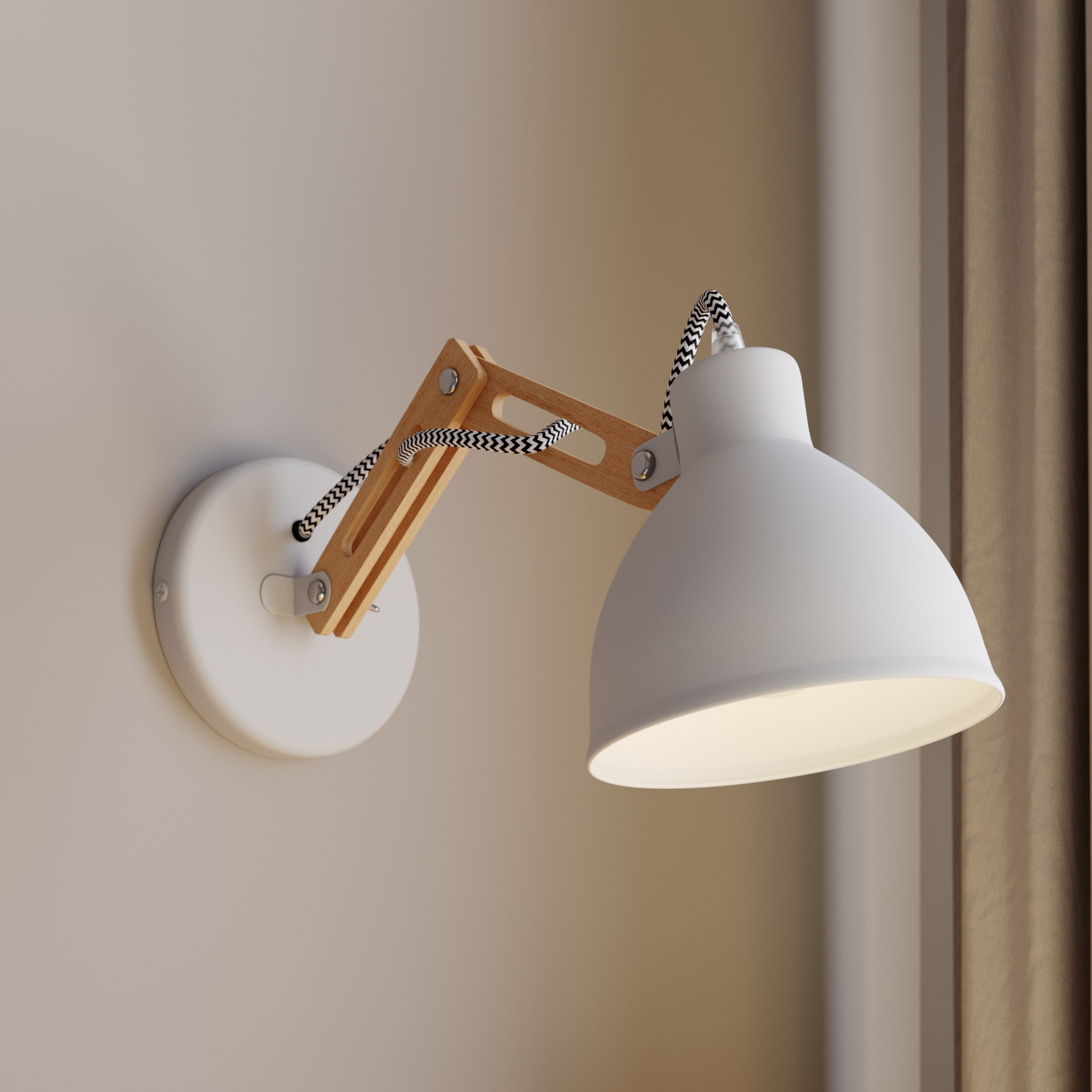 Applique Skansen, bras ajustable en bois, blanche