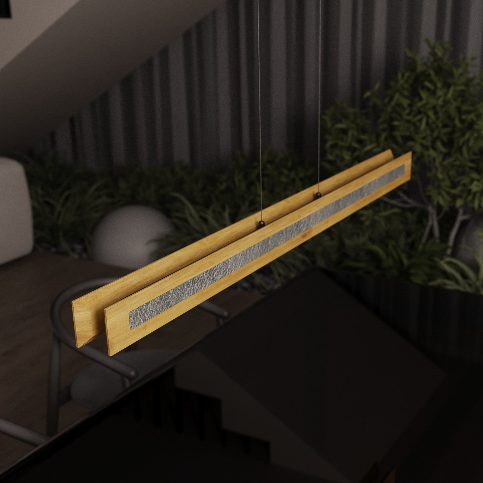 Candeeiro suspenso LED Chile S, carvalho/granito, comprimento 116 cm