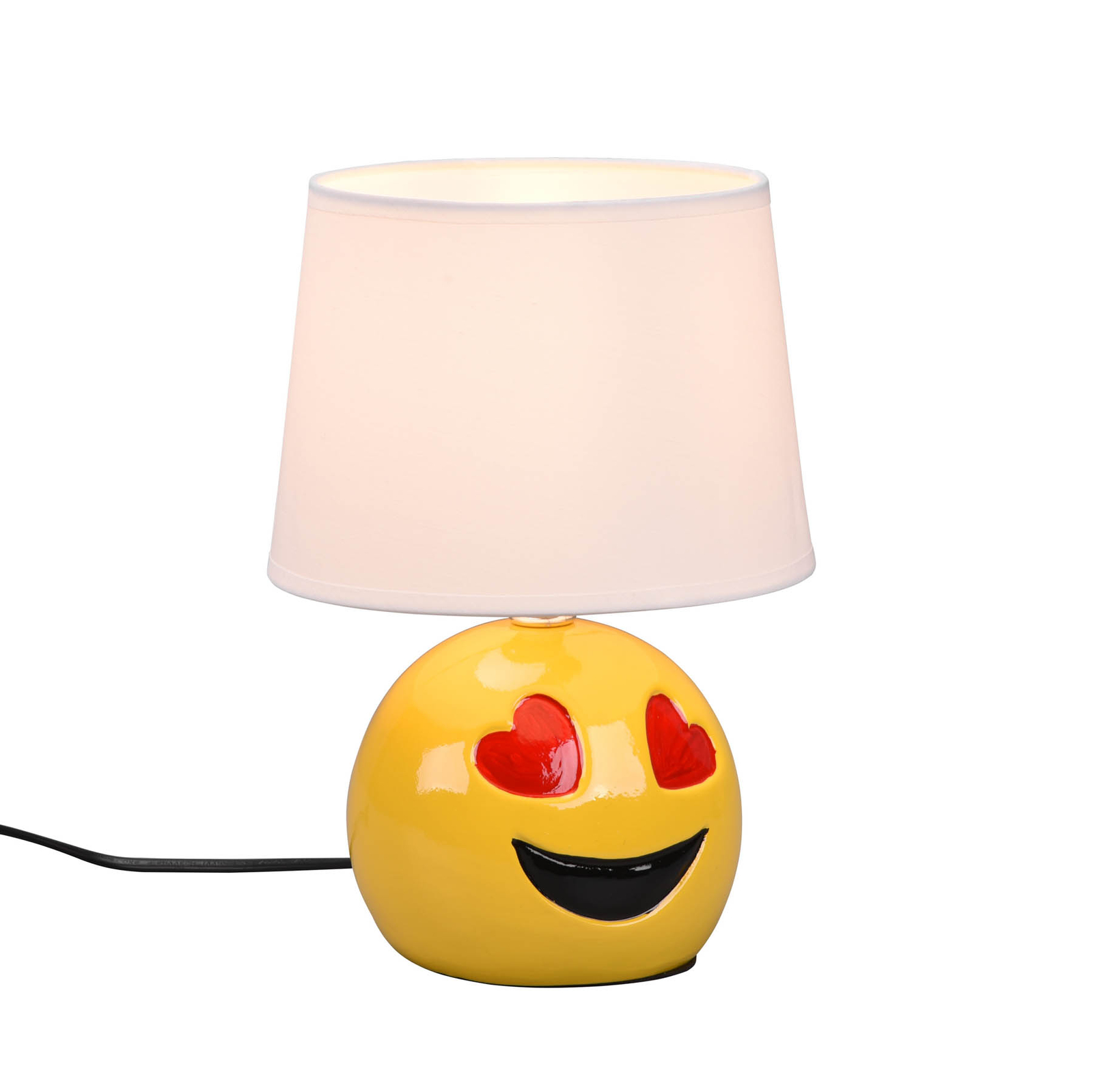 Skaista galda lampa ar smaidīgu, baltu auduma abažūru