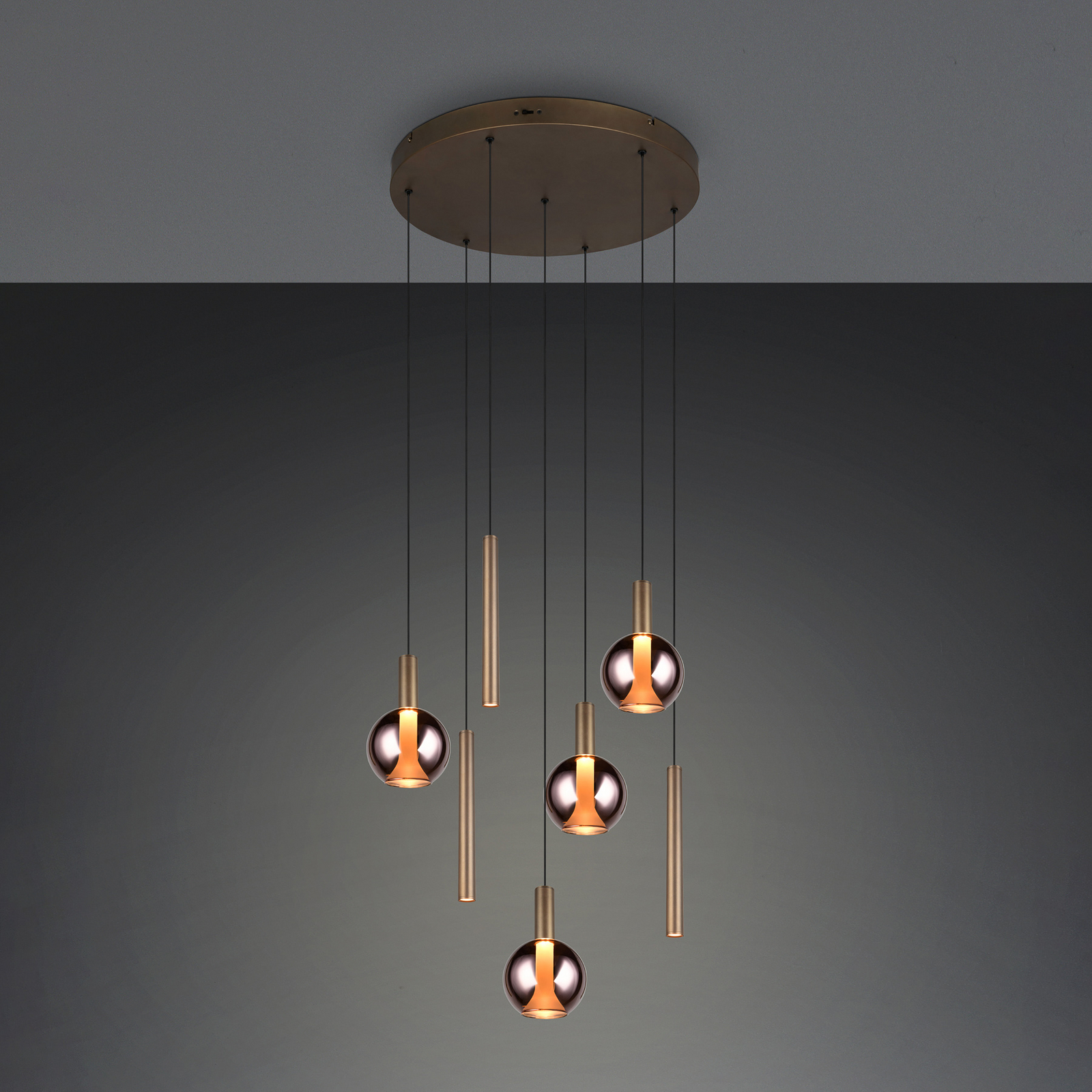 LED висяща лампа „Меларо“, Ø 59 см, платинен цвят, метал/стъкло, CCT, 7-лампова LED висяща лампа „Меларо“, Ø 59 см, платинен цвят, метал/стъкло, CCT, 7-лампова