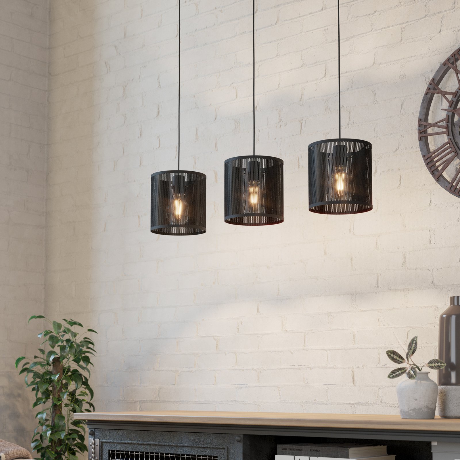 Lámpara colgante Manby, longitud 90 cm, negra, 3 luces, acero