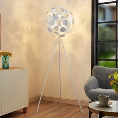 Stojací lampa Lindby Dotani s kulovým stínidlem, bílá