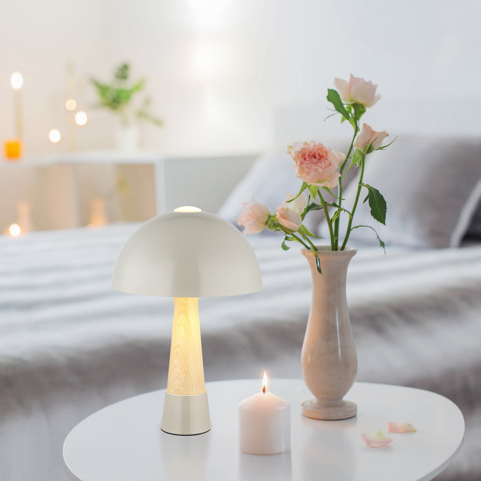 Bordlampe Paulin, grå mat/trælook, metal, højde 36,5 cm Bordlampe Paulin, grå mat/trælook, metal, højde 36,5 cm