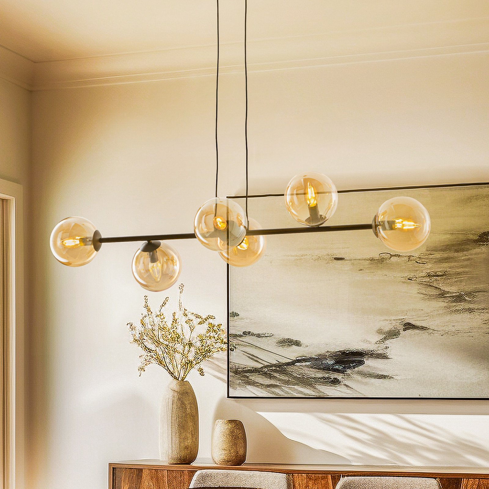 EMIBIG LIGHTING Lampă suspendată Glassy 6 becuri negru chihlimbar sticlă 110 cm - Camera de zi / sufragerie - Modern - Metal