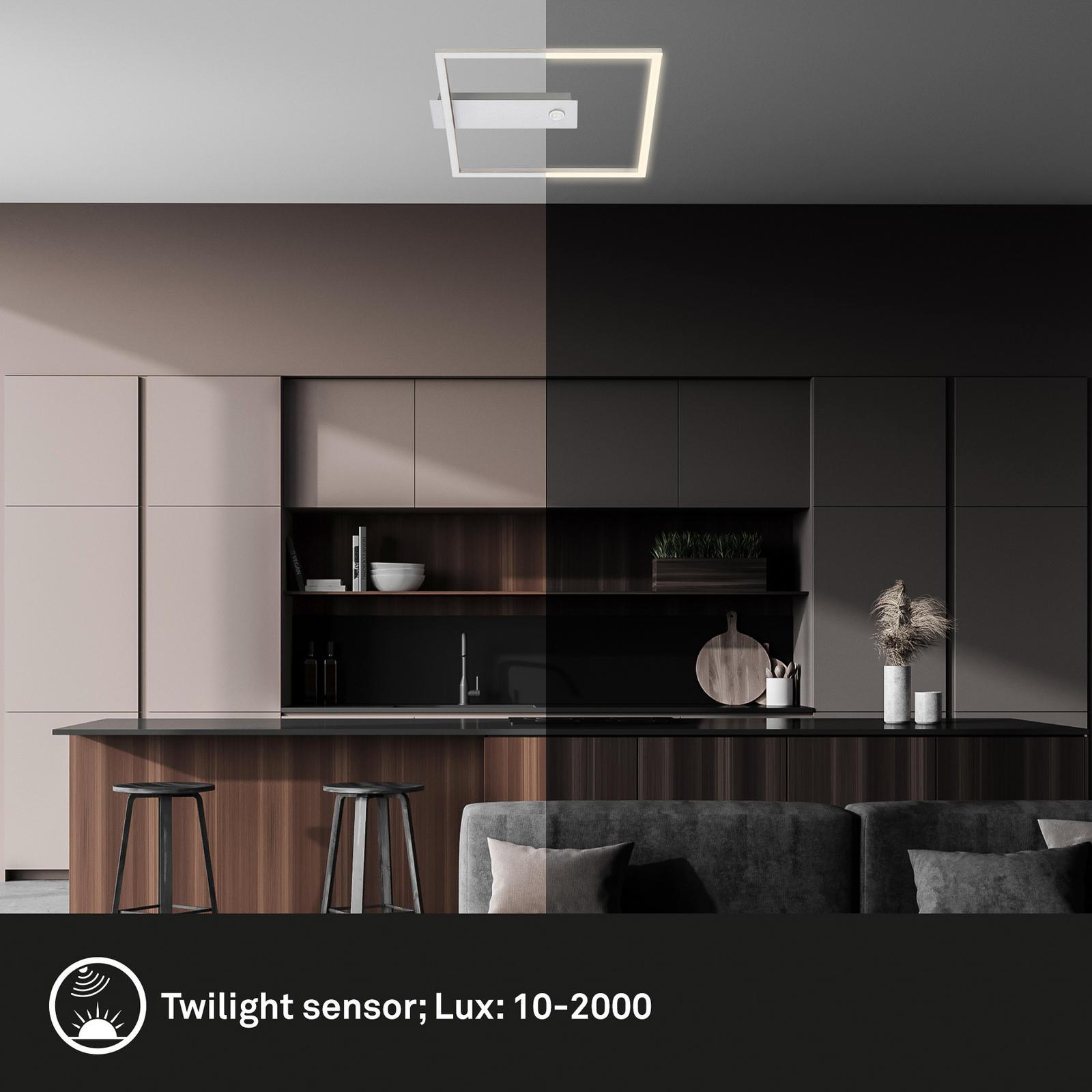 LED-Deckenleuchte Nici, alufarben, eckig, Bewegungsmelder