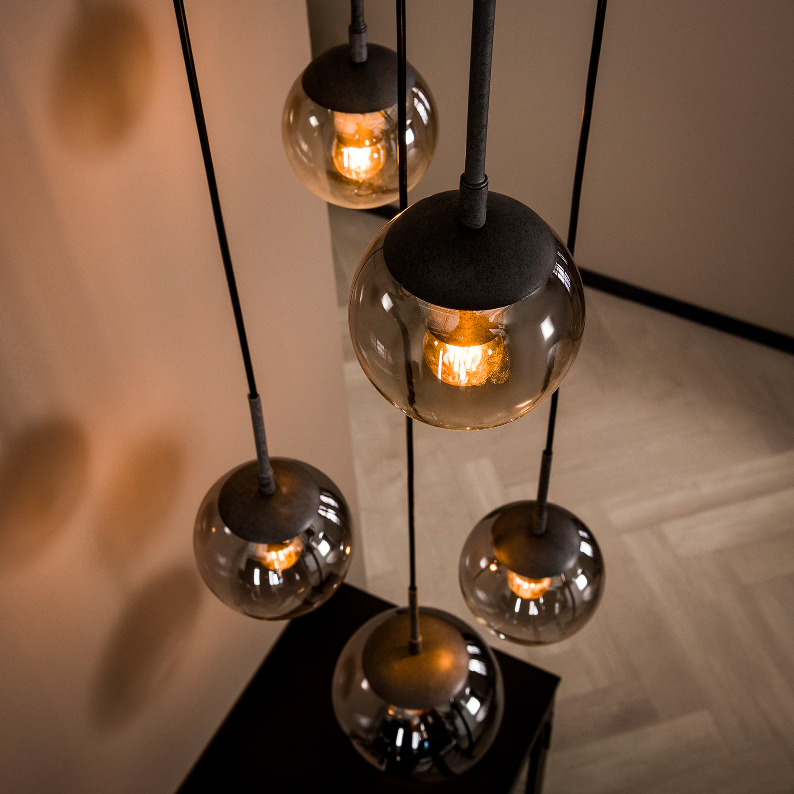Hanglamp Gallyfrey, glazen kap, 5-lamps