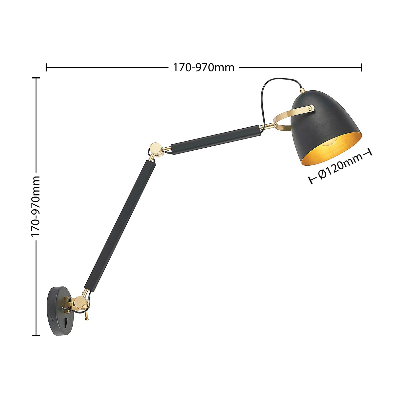 Lucande Nordin Wandlampe schwarz/gold, ausziehbar