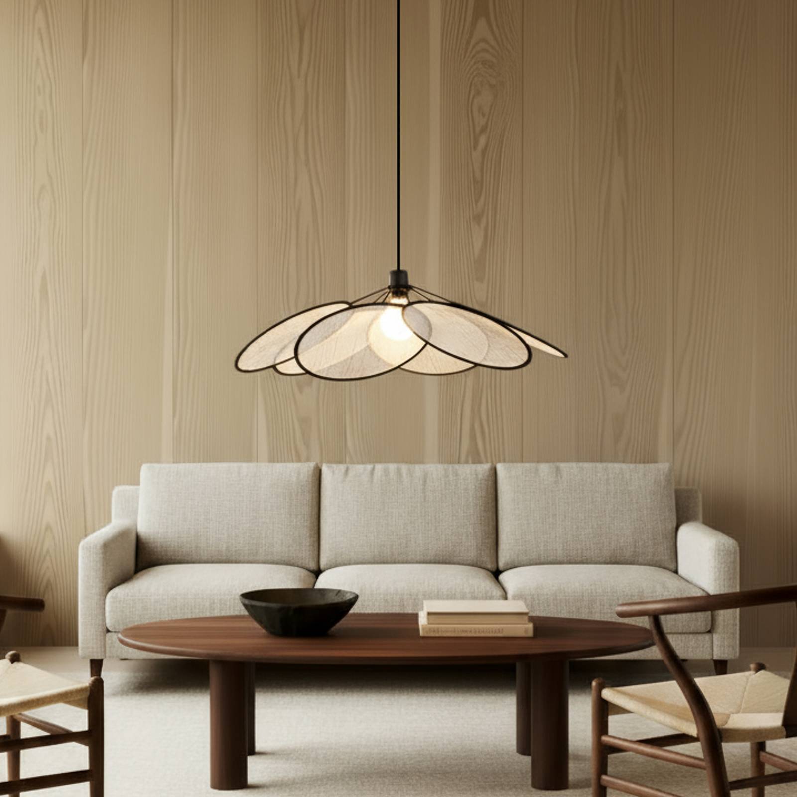 Lindby Hängeleuchte Astraia, natur/schwarz, Leinen, Ø 80 cm günstig online kaufen