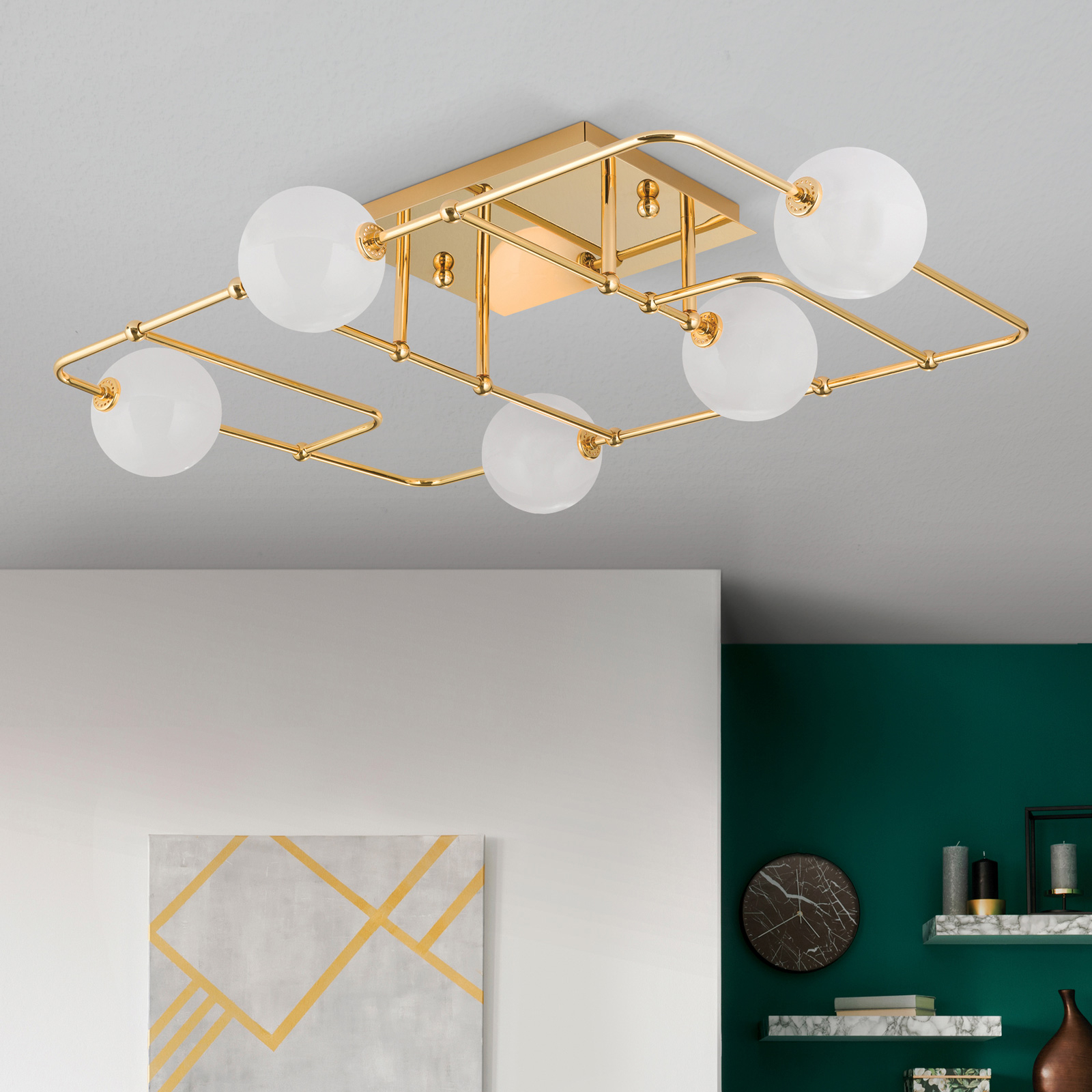 LED-taklampe Pipes i gull med glasskuler