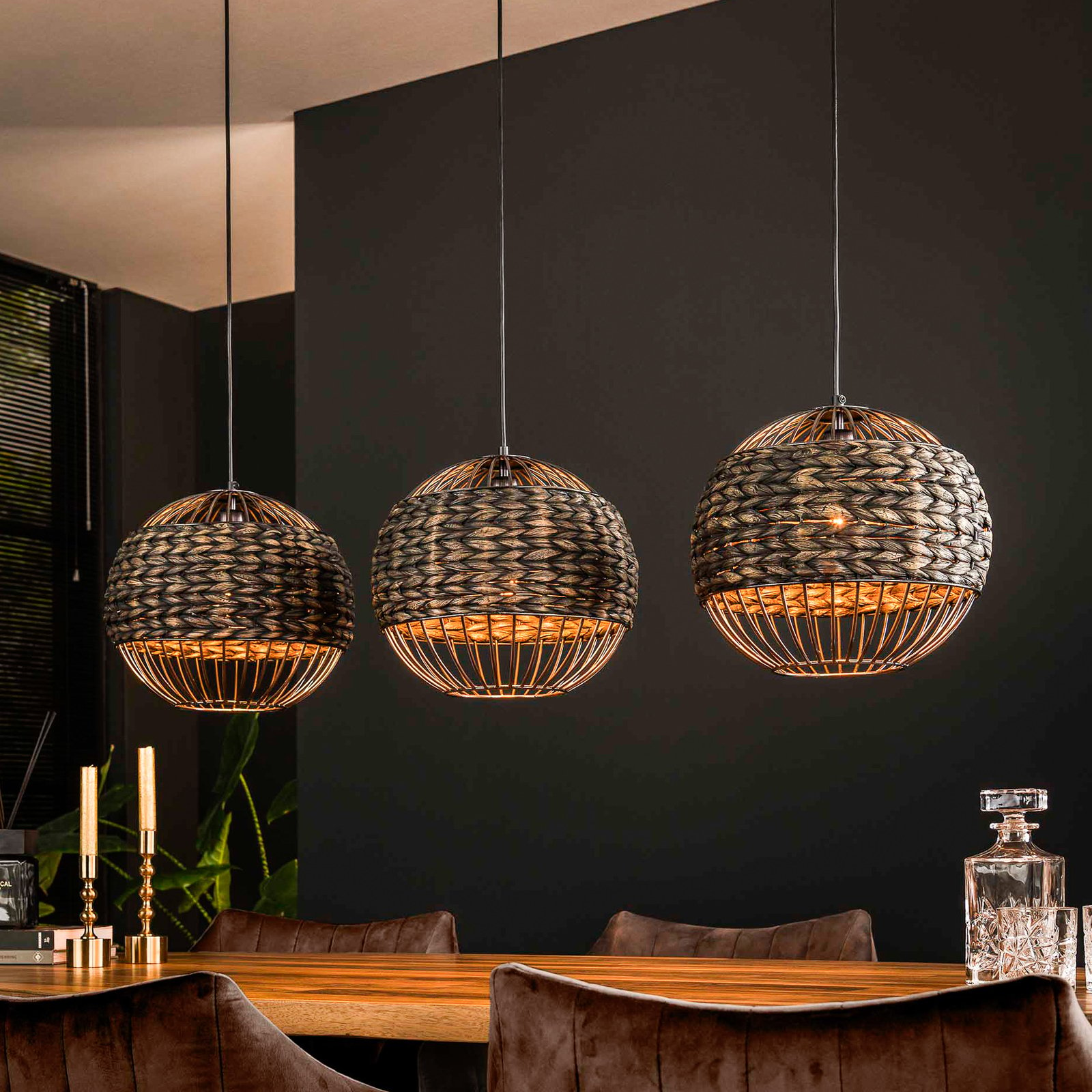 Rondo hanglamp, 3-lamps, waterhyacint, zwart/bruin