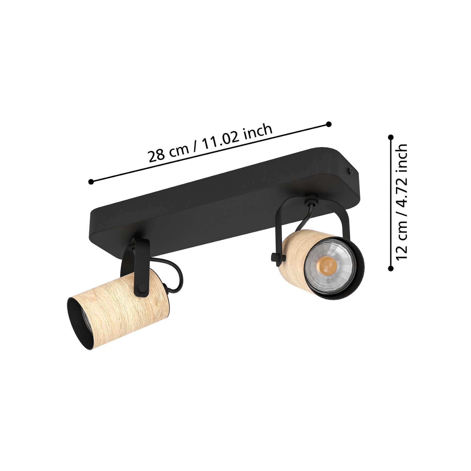 Projetor de teto Cayuca, decoração em preto/madeira, duas lâmpadas