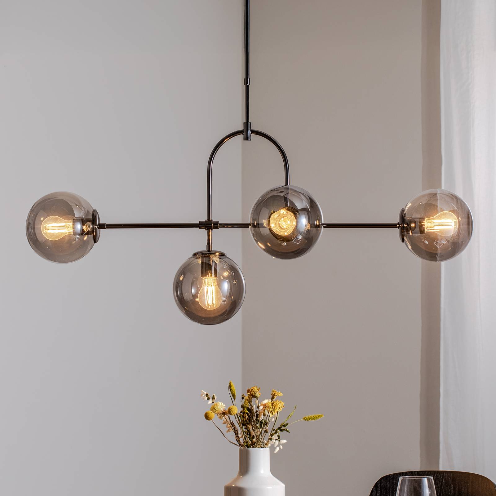 Lampa wisząca Portemo, dymny szary/nikiel, 109x30 cm, 4-punktowa szklana