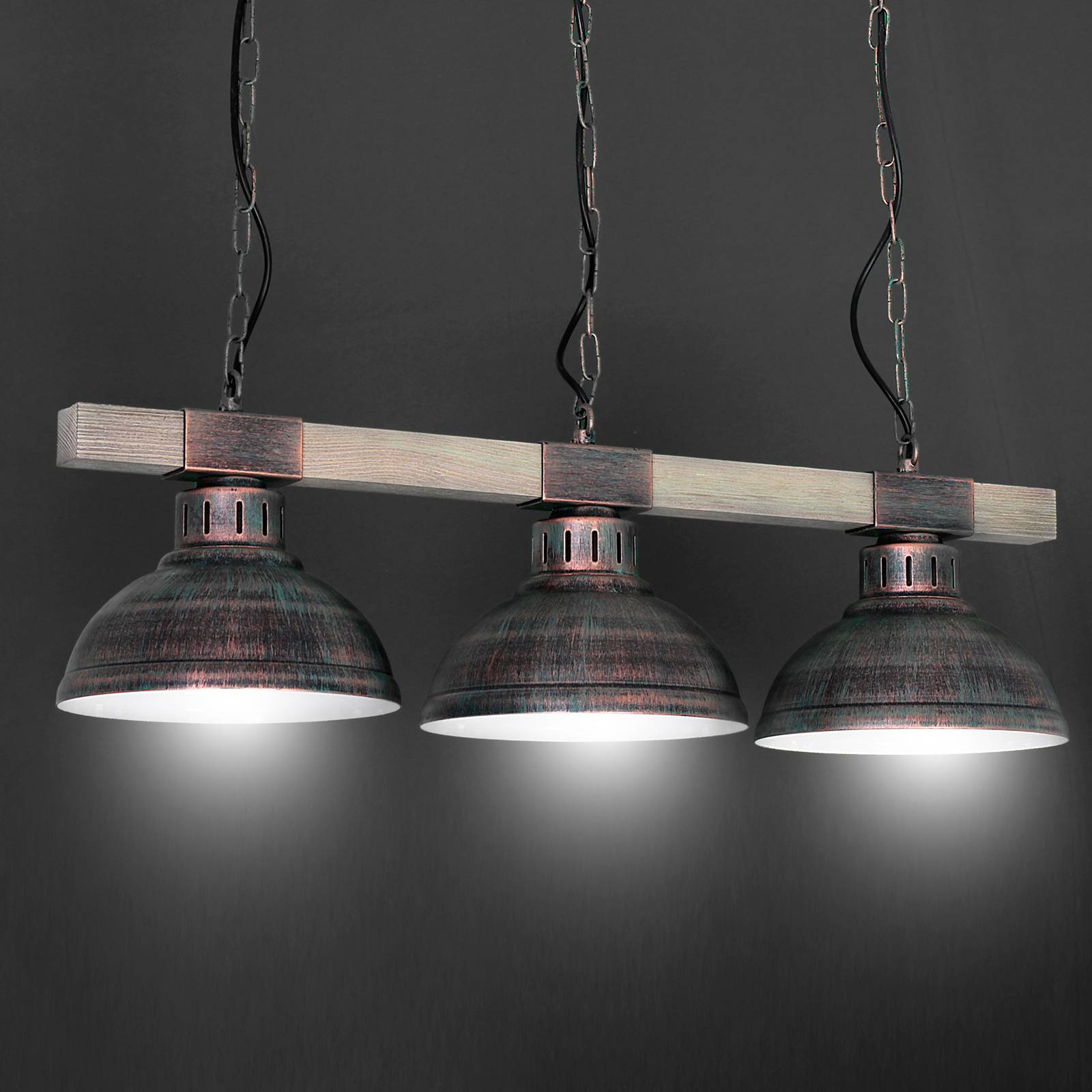 Suspension Hakon 3 lampes brun rouge/bois naturel