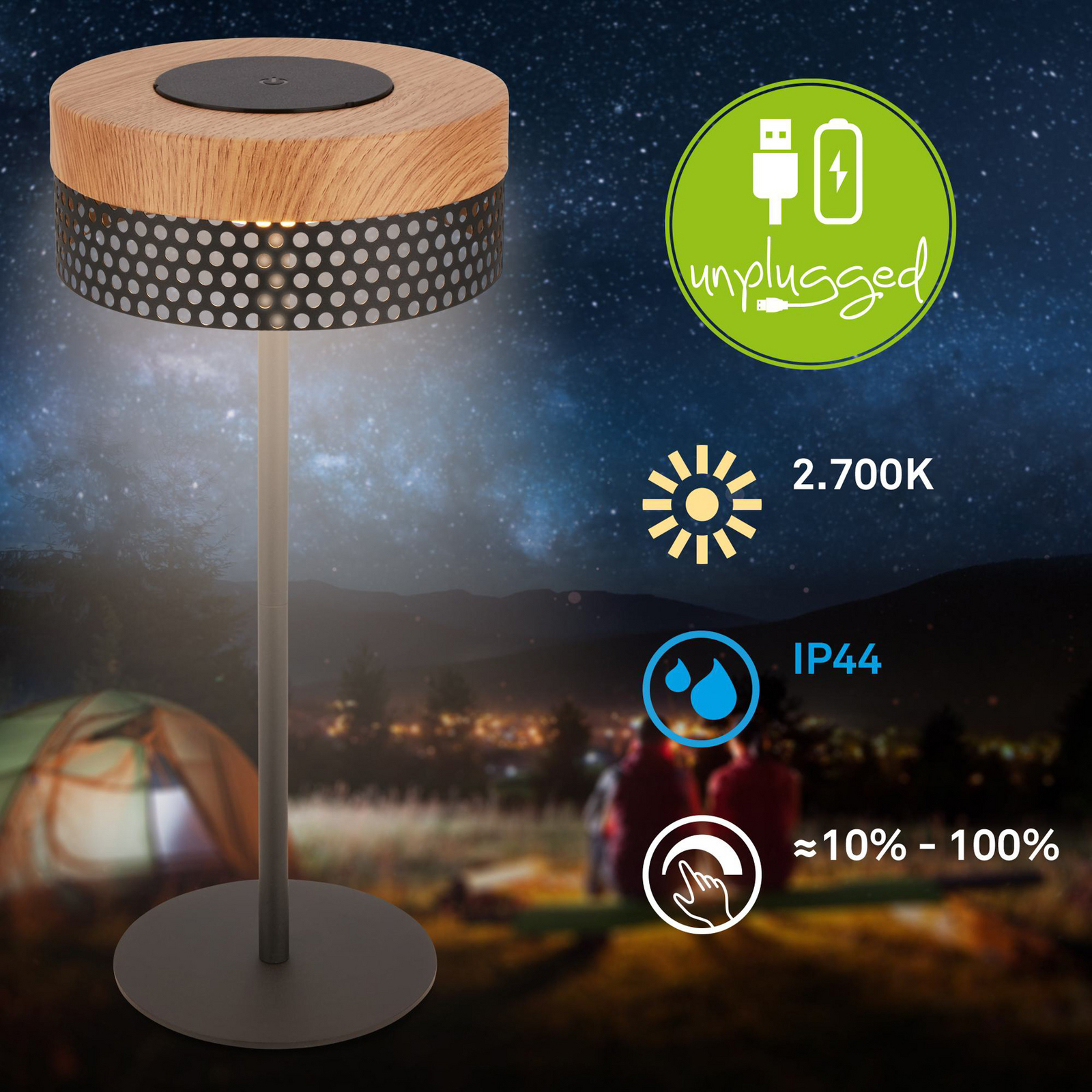 Booha rechargeable table lamp, brown, metal, IP44, dimmable