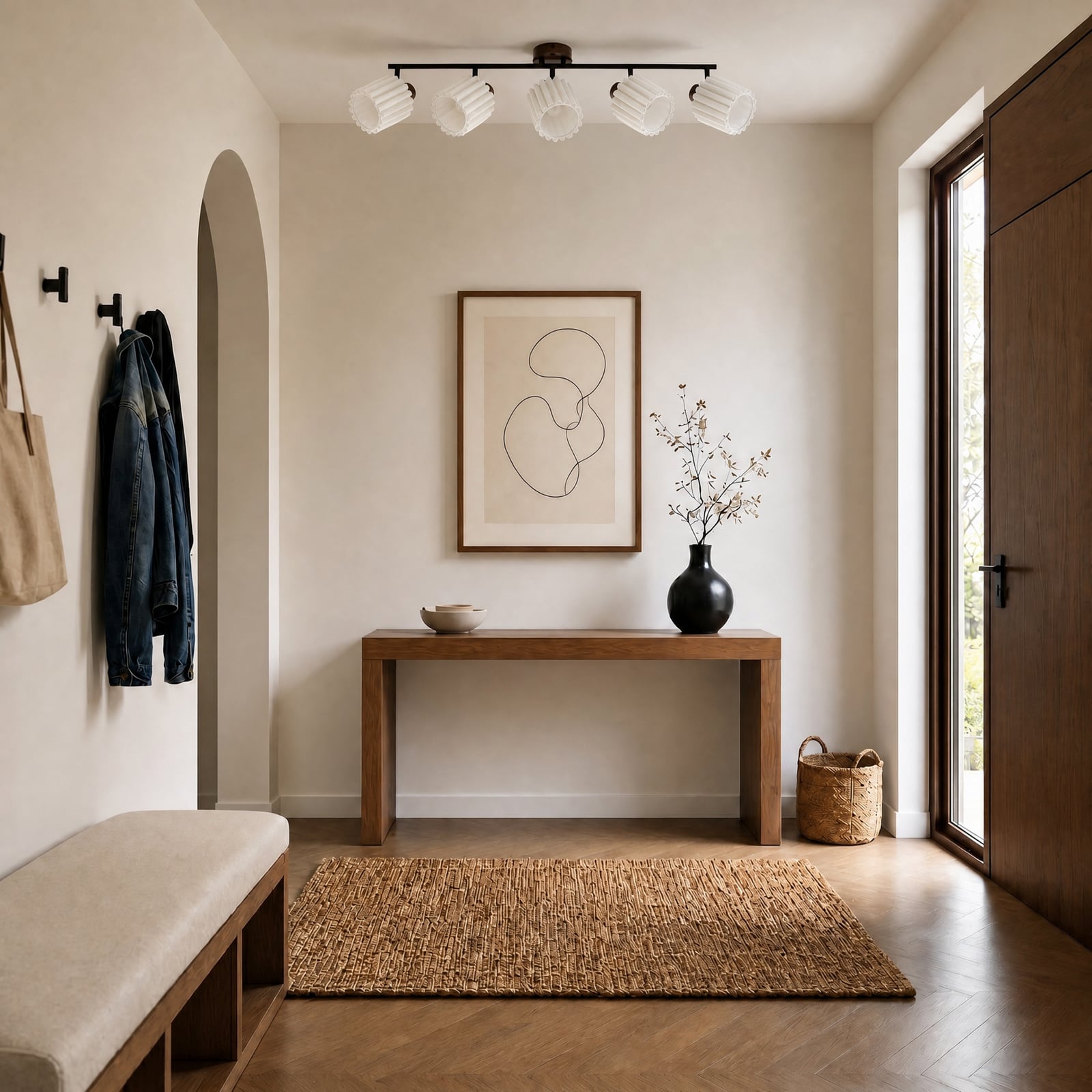 Lindby plafondspot Shiloh, 5-lamps, walnoot/beige, hout